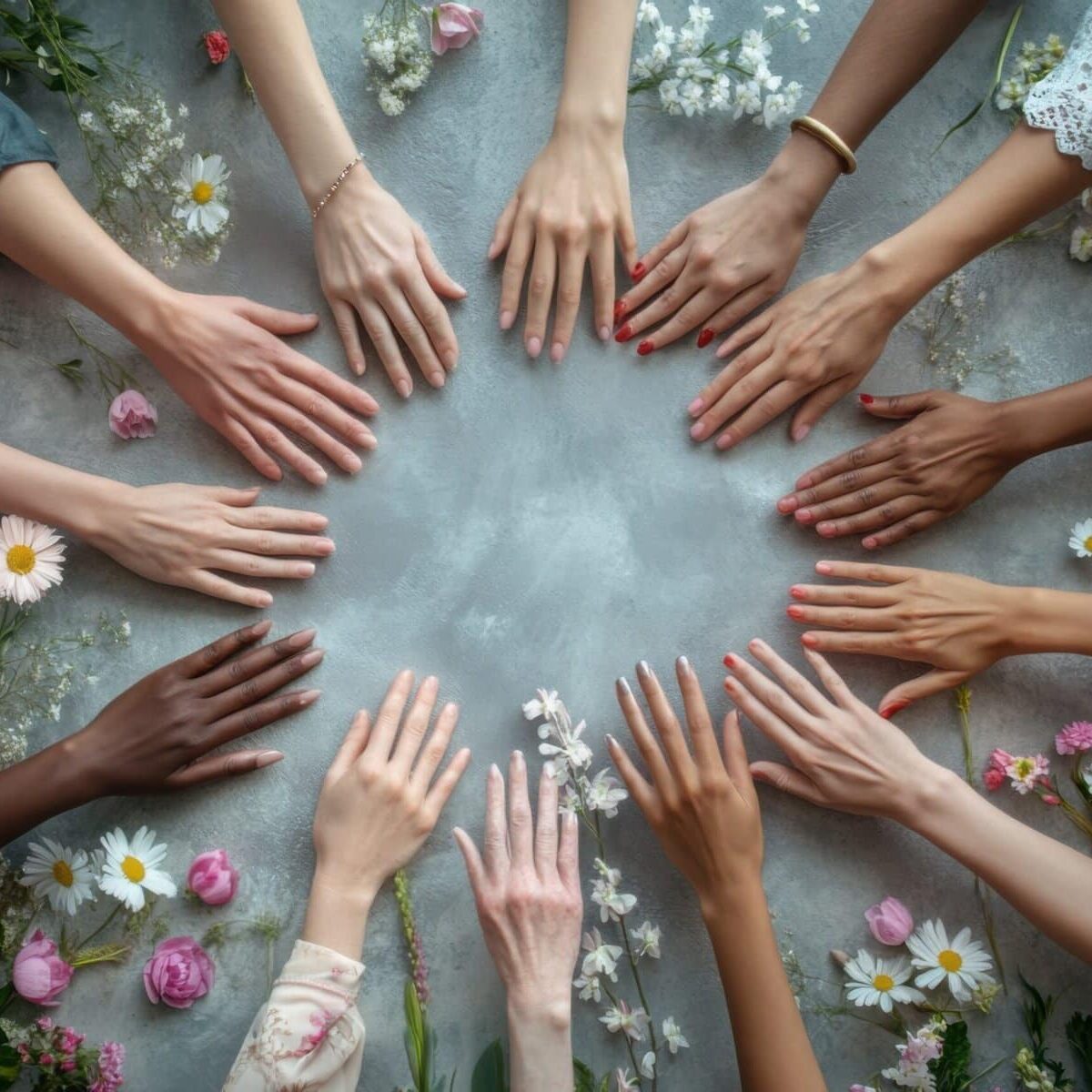 Diverse hands of women arranged in a circle on a soft surface with delicate white flowers, symbolizing unity and beauty