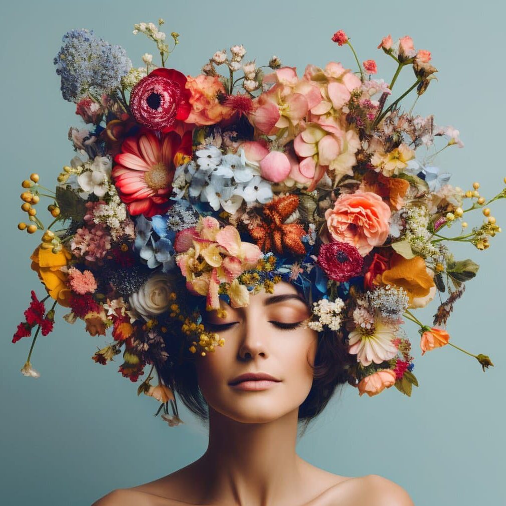Mental health awareness and self care. Happiness and inner peace with strong and feminine personality. Psychological balance for mother or female. Woman with her head covered with flowers.